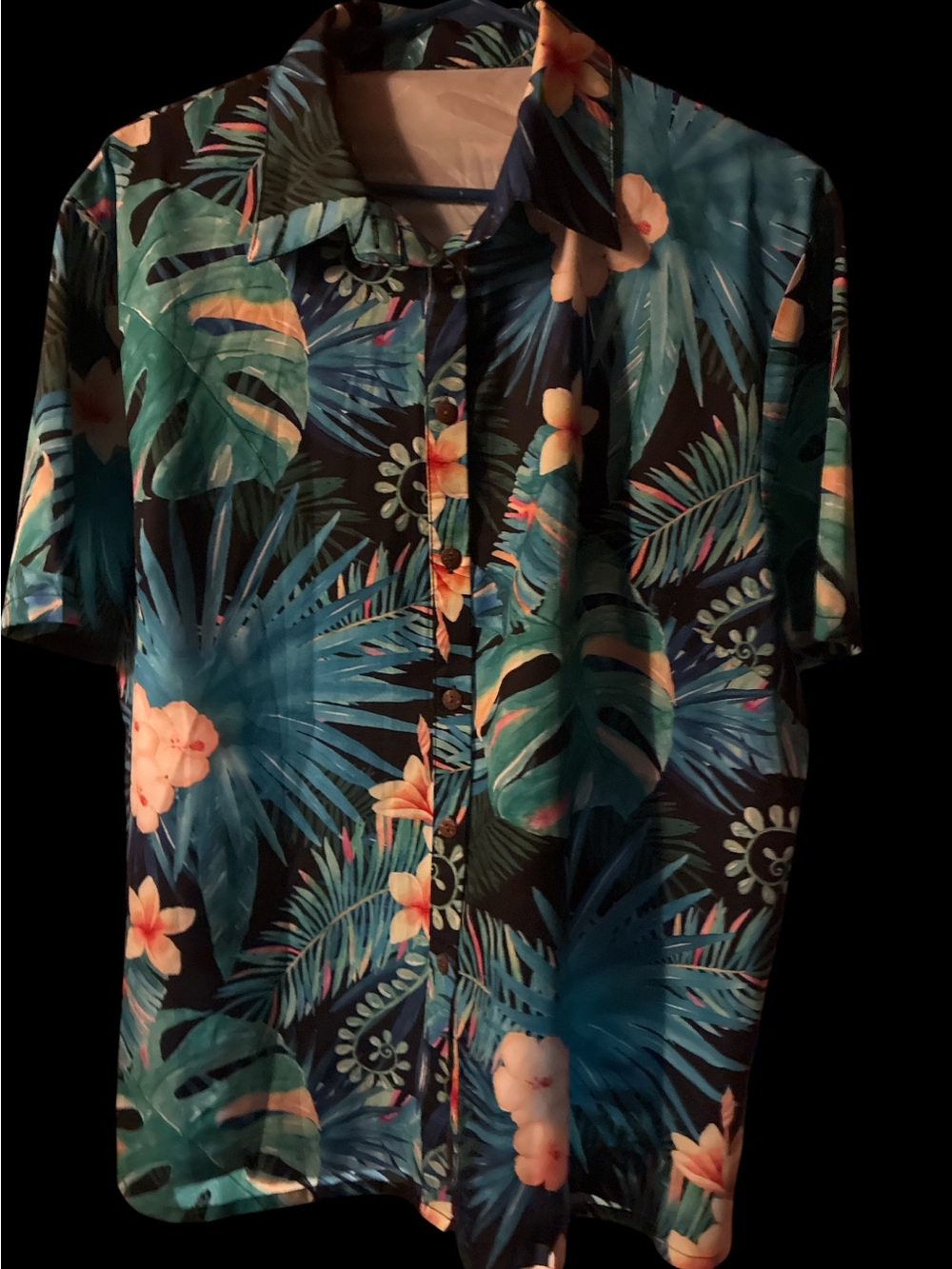 Men's XXL Hawaiian Shirt Blue Teal Monstera Palms Hibiscus Tropical Aloha Camp
